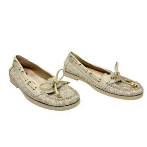 MK Michael Michael Kors Cream Logo Print Bow Moccasins Loafers Flats 7.5 Preppy‎
